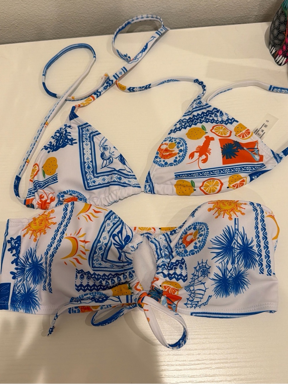 SHEIN White Blue Orange Print Triangle & Bandeau Bikini Set